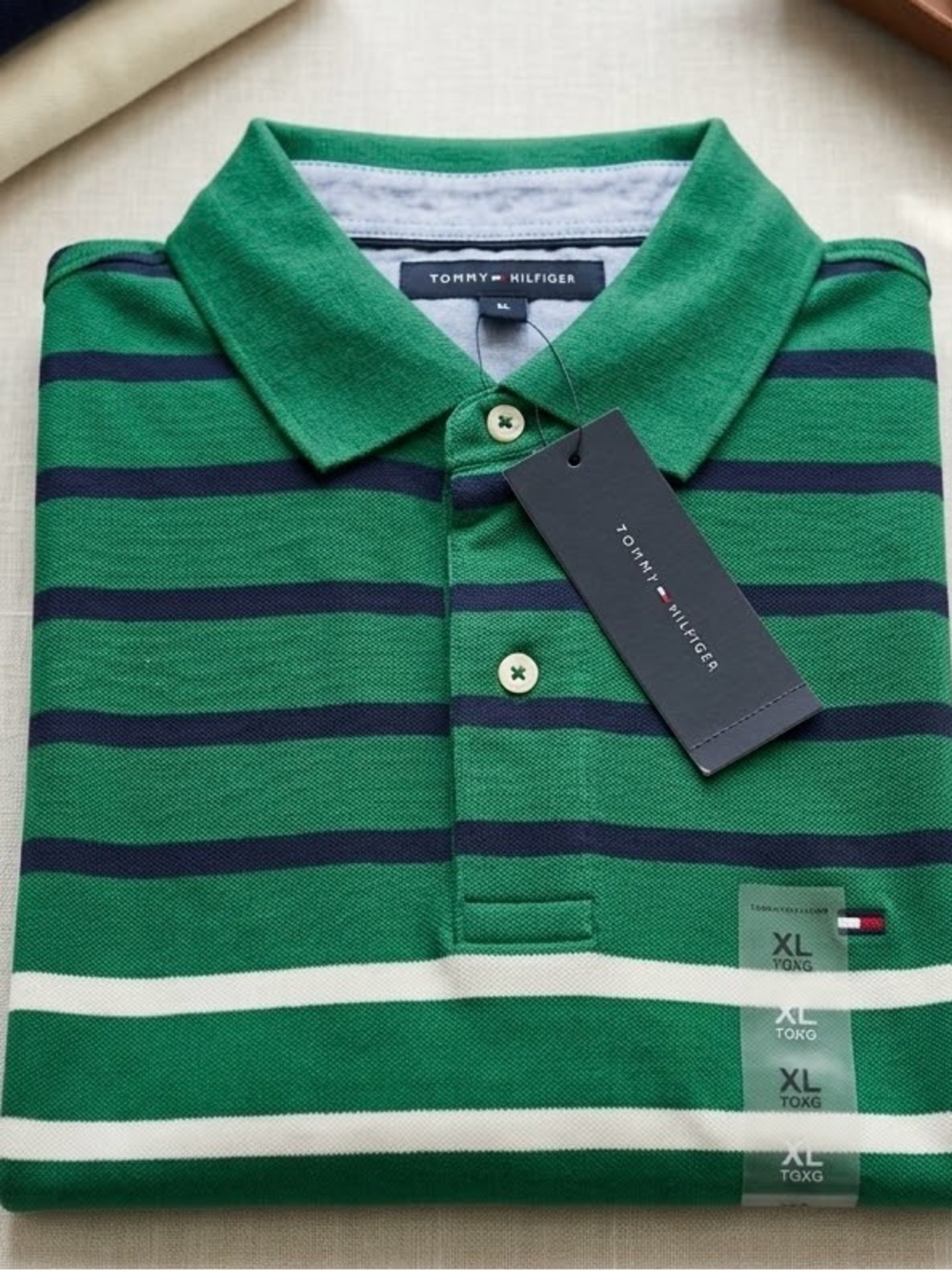 Tommy Hilfiger Green Polo with Navy and White Stripes